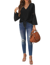 luvamia Women's Casual V Neck Blouse Lace Crochet Bell Long Sleeve Loose Shirt Tops