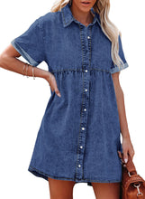 luvamia Women's Casual Short Sleeve Button Down Tiered Denim Babydoll Jean Dress