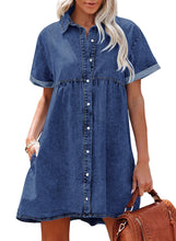 luvamia Women's Casual Short Sleeve Button Down Tiered Denim Babydoll Jean Dress