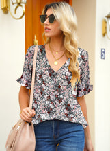 luvamia Women's Casual V Neck Tops Ruffle Short Sleeve Blouses Button Down Shirts