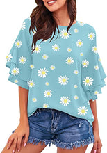 luvamia Women's Casual Crewneck Blouse 3/4 Tiered Bell Sleeve Loose Tops Shirt