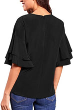 luvamia Women's Casual Crewneck Blouse 3/4 Tiered Bell Sleeve Loose Tops Shirt