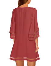 luvamia Women Dresses Casual Crewneck 3/4 Bell Sleeve Loose Mesh Panel Tunic Dress