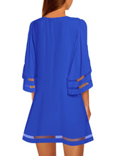 luvamia Women Dresses Casual Crewneck 3/4 Bell Sleeve Loose Mesh Panel Tunic Dress