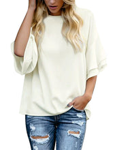 luvamia Women's Casual 3/4 Tiered Bell Sleeve Crewneck Loose Tops Blouses Shirt