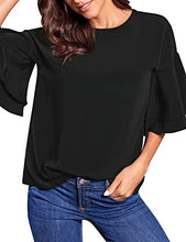 luvamia Women's Casual Crewneck Blouse 3/4 Tiered Bell Sleeve Loose Tops Shirt