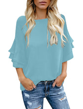luvamia Women's Casual 3/4 Tiered Bell Sleeve Crewneck Loose Tops Blouses Shirt