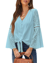 luvamia Women's Casual V Neck Blouse Lace Crochet Bell Long Sleeve Loose Shirt Tops