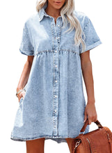 luvamia Women's Casual Short Sleeve Button Down Tiered Denim Babydoll Jean Dress