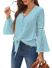 luvamia Women's Casual V Neck Blouse Lace Crochet Bell Long Sleeve Loose Shirt Tops