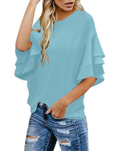 luvamia Women's Casual 3/4 Tiered Bell Sleeve Crewneck Loose Tops Blouses Shirt
