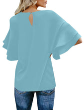 luvamia Women's Casual 3/4 Tiered Bell Sleeve Crewneck Loose Tops Blouses Shirt