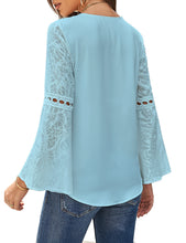 luvamia Women's Casual V Neck Blouse Lace Crochet Bell Long Sleeve Loose Shirt Tops