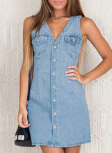 luvamia Women's Casual V Neck Sleeveless Jeans Button Down Denim Short Dress