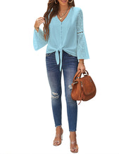 luvamia Women's Casual V Neck Blouse Lace Crochet Bell Long Sleeve Loose Shirt Tops