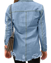 luvamia Womens Denim Jacket Distressed Button Down Jean Shirt For Women Ripped Shacket Coat