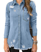 luvamia Womens Denim Jacket Distressed Button Down Jean Shirt For Women Ripped Shacket Coat