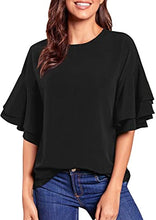 luvamia Women's Casual Crewneck Blouse 3/4 Tiered Bell Sleeve Loose Tops Shirt