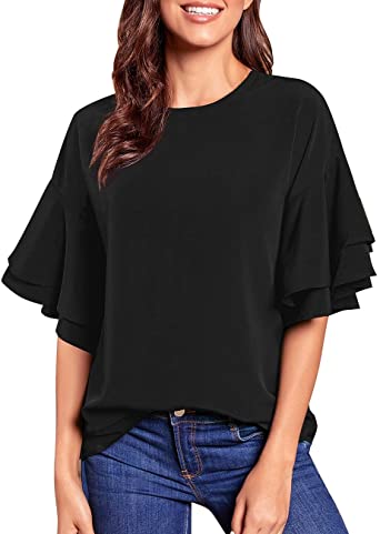 luvamia Women's Casual Crewneck Blouse 3/4 Tiered Bell Sleeve Loose Tops Shirt