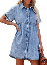 luvamia Women's Casual Short Sleeve Button Down Tiered Denim Babydoll Jean Dress