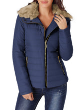 luvamia Women Casual Warm Winter Faux Fur Quilted Parka Lapel Zip Jacket Puffer Coat