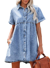 luvamia Women's Casual Short Sleeve Button Down Tiered Denim Babydoll Jean Dress