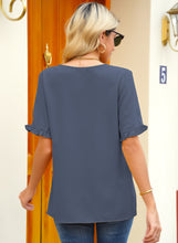 luvamia Women's Casual V Neck Tops Ruffle Short Sleeve Blouses Button Down Shirts