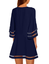 luvamia Women Dresses Casual Crewneck 3/4 Bell Sleeve Loose Mesh Panel Tunic Dress