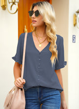 luvamia Women's Casual V Neck Tops Ruffle Short Sleeve Blouses Button Down Shirts