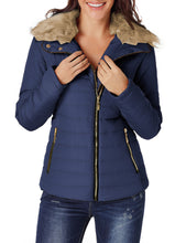 luvamia Women Casual Warm Winter Faux Fur Quilted Parka Lapel Zip Jacket Puffer Coat