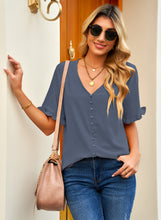 luvamia Women's Casual V Neck Tops Ruffle Short Sleeve Blouses Button Down Shirts