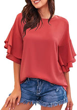 luvamia Women's Casual Crewneck Blouse 3/4 Tiered Bell Sleeve Loose Tops Shirt