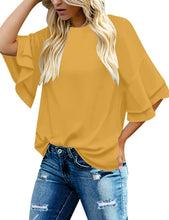 luvamia Women's Casual 3/4 Tiered Bell Sleeve Crewneck Loose Tops Blouses Shirt
