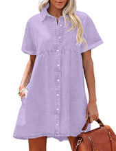 luvamia Women's Casual Short Sleeve Button Down Tiered Denim Babydoll Jean Dress