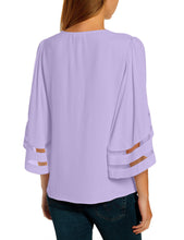 luvamia Women Casual Strappy V Neck Blouse 3/4 Bell Sleeve Mesh Panel Shirts Top