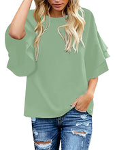 luvamia Women's Casual 3/4 Tiered Bell Sleeve Crewneck Loose Tops Blouses Shirt