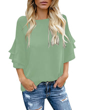 luvamia Women's Casual 3/4 Tiered Bell Sleeve Crewneck Loose Tops Blouses Shirt