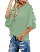 luvamia Women's Casual 3/4 Tiered Bell Sleeve Crewneck Loose Tops Blouses Shirt