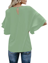 luvamia Women's Casual 3/4 Tiered Bell Sleeve Crewneck Loose Tops Blouses Shirt