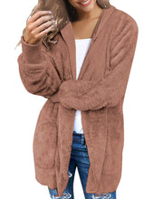 luvamia Women Fuzzy Fleece Open Front Pocket Hooded Cardigan Jacket Coat Outwear