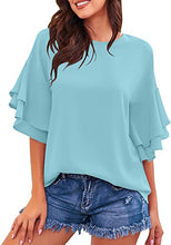 luvamia Women's Casual Crewneck Blouse 3/4 Tiered Bell Sleeve Loose Tops Shirt