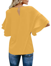 luvamia Women's Casual 3/4 Tiered Bell Sleeve Crewneck Loose Tops Blouses Shirt