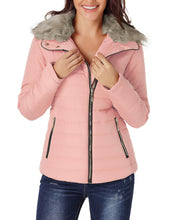 luvamia Women Casual Warm Winter Faux Fur Quilted Parka Lapel Zip Jacket Puffer Coat