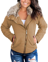 luvamia Women Casual Warm Winter Faux Fur Quilted Parka Lapel Zip Jacket Puffer Coat
