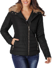 luvamia Women Casual Warm Winter Faux Fur Quilted Parka Lapel Zip Jacket Puffer Coat