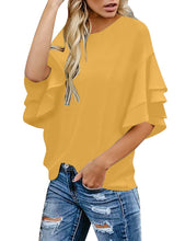 luvamia Women's Casual 3/4 Tiered Bell Sleeve Crewneck Loose Tops Blouses Shirt