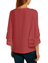 luvamia Women Casual Strappy V Neck Blouse 3/4 Bell Sleeve Mesh Panel Shirts Top