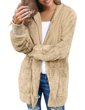 luvamia Women Fuzzy Fleece Open Front Pocket Hooded Cardigan Jacket Coat Outwear