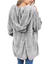 luvamia Women Fuzzy Fleece Open Front Pocket Hooded Cardigan Jacket Coat Outwear