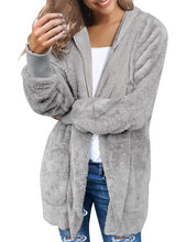luvamia Women Fuzzy Fleece Open Front Pocket Hooded Cardigan Jacket Coat Outwear